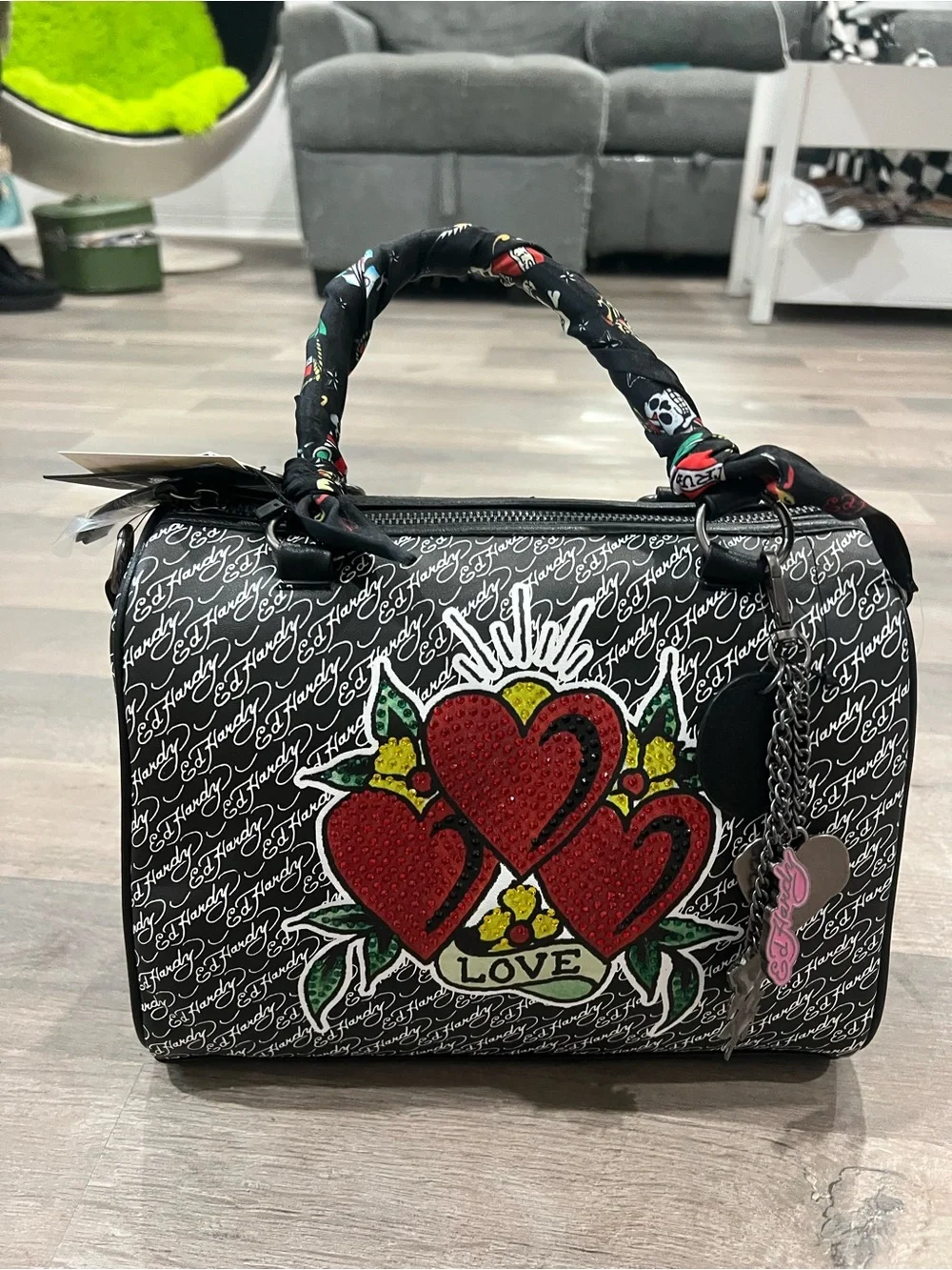 Ed Hardy Black & Red Love Hearts Top-Handle Shoulder Bag